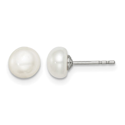 Sterling Silver Rhodium-plated White Button Freshwater Cultured Pearl Post Earrings, 6 to 6.5 x 6 to 7mm