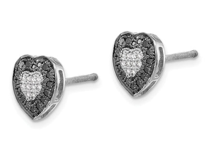 White Night Sterling Silver Rhodium-plated Black and White Diamond Heart Post Earrings (Style QE7871)
