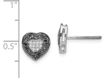 White Night Sterling Silver Rhodium-plated Black and White Diamond Heart Post Earrings (Style QE7871)