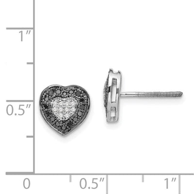 White Night Sterling Silver Rhodium-plated Black and White Diamond Heart Post Earrings, 8 x 9mm