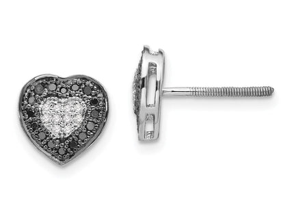 White Night Sterling Silver Rhodium-plated Black and White Diamond Heart Post Earrings (Style QE7871)