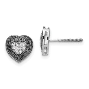 White Night Sterling Silver Rhodium-plated Black and White Diamond Heart Post Earrings (Style QE7871)