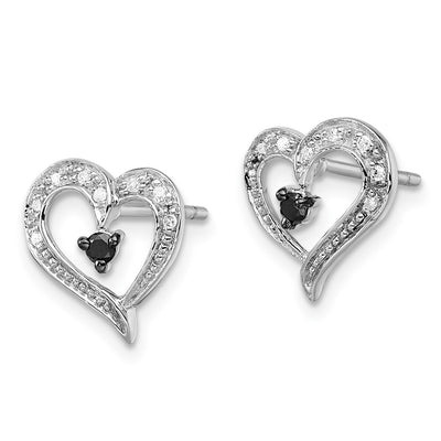 White Night Sterling Silver Rhodium-plated Black and White Diamond Heart Post Earrings, 11 x 12mm