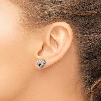 White Night Sterling Silver Rhodium-plated Black and White Diamond Heart Post Earrings, 11 x 12mm