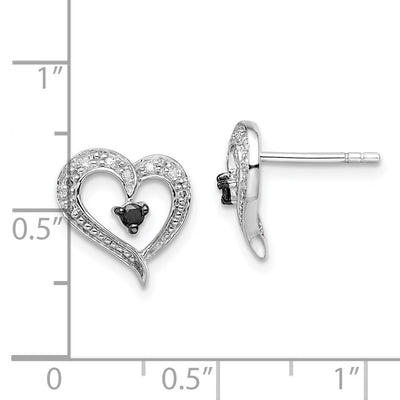 White Night Sterling Silver Rhodium-plated Black and White Diamond Heart Post Earrings, 11 x 12mm