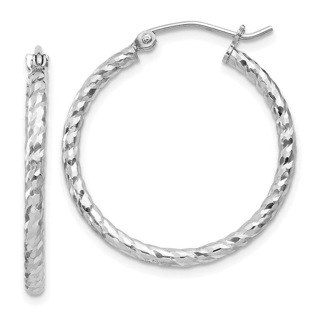 Sterling Silver Rhodium Plated Diamond Cut Hoop Earrings, 25 x 2mm