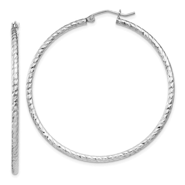 Sterling Silver Rhodium Plated Diamond Cut Hoop Earrings, 50 x 2mm