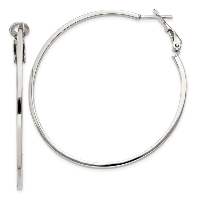 Sterling Silver RH-plated 1. Omega Back Round Hoop Earrings, 50 x 1.5mm