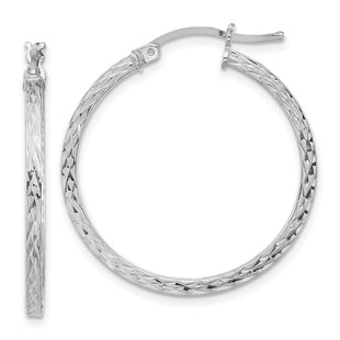 Sterling Silver Rhodium-plated Diamond-cut Square Tube Hoop Earrings (Style QE8112)