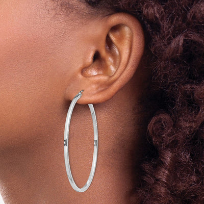 Sterling Silver Rhodium-plated Diamond-cut Square Tube Hoop Earrings, 55 x 2mm