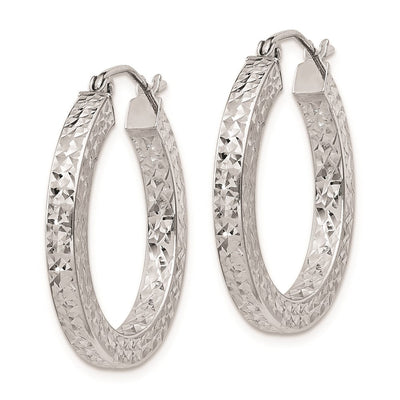 Sterling Silver Rhodium-plated Diamond-cut Square Tube Hoop Earrings, 25 x 3mm