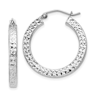Sterling Silver Rhodium-plated Diamond-cut Square Tube Hoop Earrings (Style QE8134)