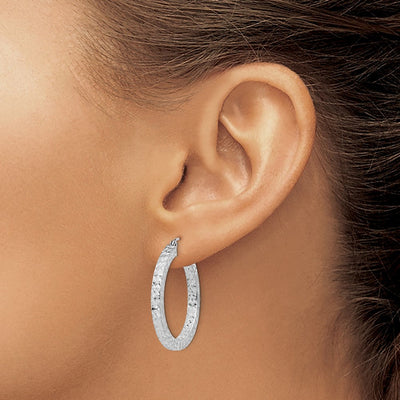 Sterling Silver Rhodium-plated Diamond-cut Square Tube Hoop Earrings, 30 x 3mm