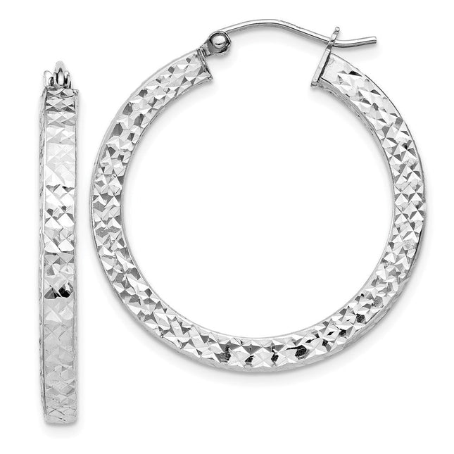 Sterling Silver Rhodium-plated Diamond-cut Square Tube Hoop Earrings, 30 x 3mm