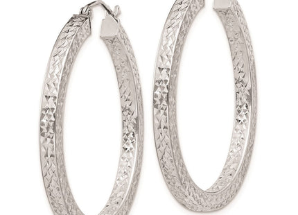 Sterling Silver Rhodium-plated Diamond-cut Square Tube Hoop Earrings (Style QE8136)