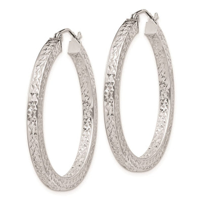 Sterling Silver Rhodium-plated Diamond-cut Square Tube Hoop Earrings, 35 x 3mm