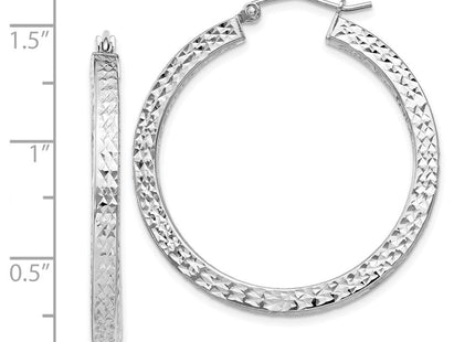 Sterling Silver Rhodium-plated Diamond-cut Square Tube Hoop Earrings (Style QE8136)