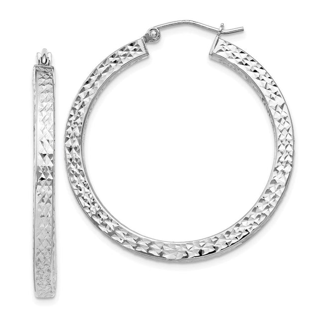 Sterling Silver Rhodium-plated Diamond-cut Square Tube Hoop Earrings, 35 x 3mm