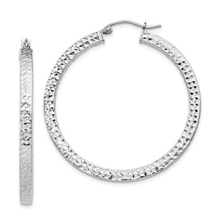 Sterling Silver Rhodium-plated Diamond-cut Square Tube Hoop Earrings (Style QE8137)