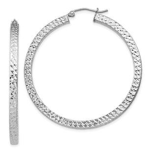 Sterling Silver Rhodium-plated Diamond-cut Square Tube Hoop Earrings (Style QE8138)