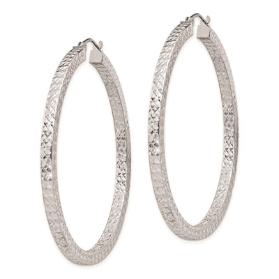 Sterling Silver Rhodium-plated Diamond-cut Square Tube Hoop Earrings, 50 x 3mm