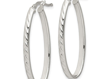 Sterling Silver Rhod-plated Textured Hollow Oval Hoop Earrings (Style QE8259)
