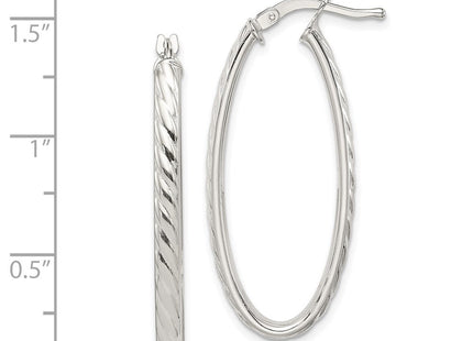 Sterling Silver Rhod-plated Textured Hollow Oval Hoop Earrings (Style QE8259)