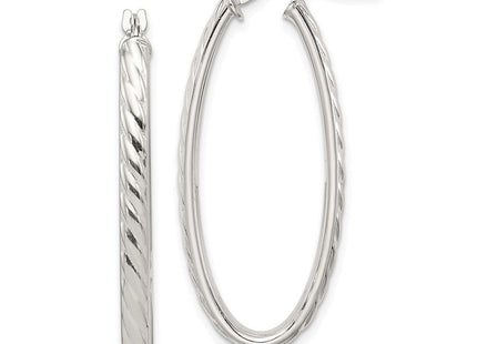 Sterling Silver Rhod-plated Textured Hollow Oval Hoop Earrings (Style QE8259)