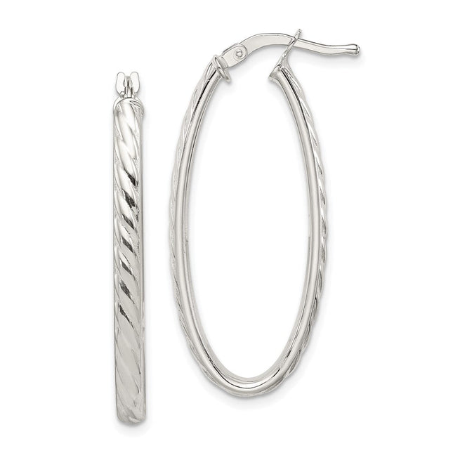 Sterling Silver Rhod-plated Textured Hollow Oval Hoop Earrings, 34 x 3mm