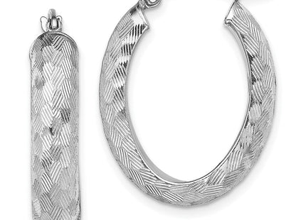 Sterling Silver Rhodium-plated Diamond-cut Oval Hoop Earrings (Style QE8261)