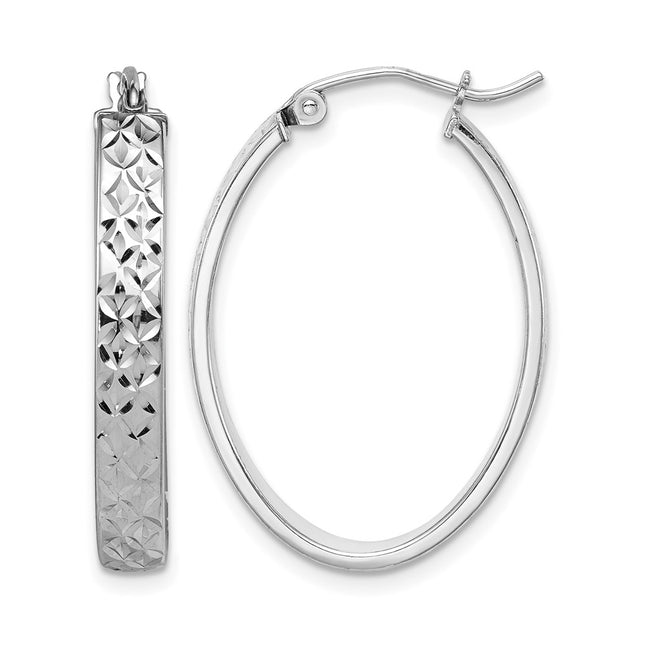 Sterling Silver Rhodium-plated Diamond-cut Oval Hoop Earrings, 27 x 21mm