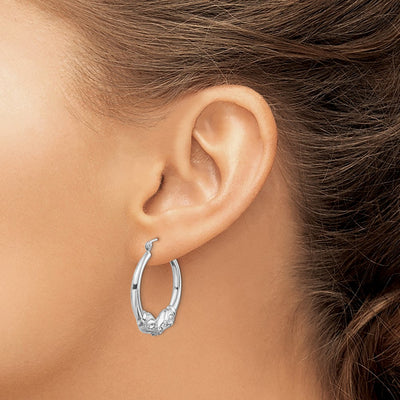 Sterling Silver Rhod-plated Textured Ram Head Round Hoop Earrings