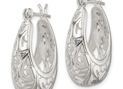 Sterling Silver Polished Filigree Oval Hoop Earrings (Style QE8371)