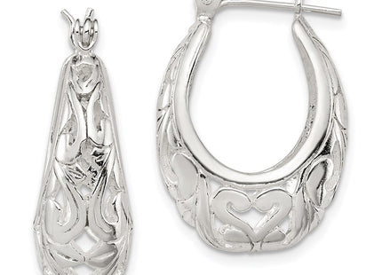 Sterling Silver Polished Filigree Oval Hoop Earrings (Style QE8371)