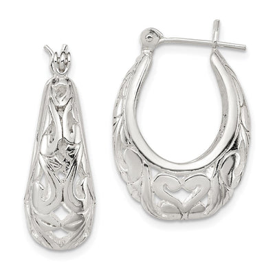 Sterling Silver Polished Filigree Oval Hoop Earrings, 24 x 17mm