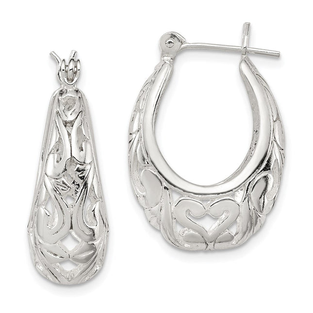 Sterling Silver Polished Filigree Oval Hoop Earrings, 24 x 17mm