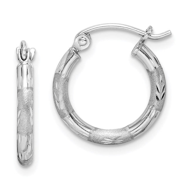 Sterling Silver Rhodium Plated Diamond Cut Hoop Earrings, 15 x 15mm (8382)