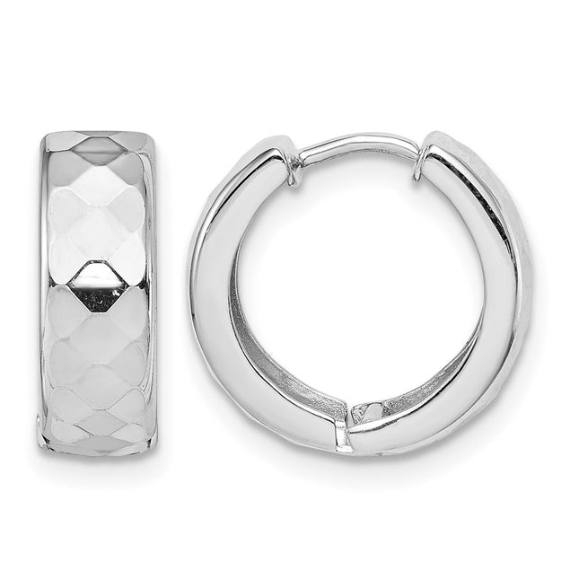 Sterling Silver Rhodium Polished Patterned Hinged Hoop Earrings, 15 x 5mm