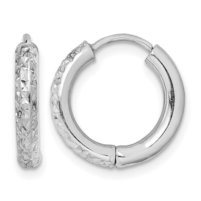Sterling Silver Rhodium Polished Diamond Cut Hinged Hoop Earrings, 15 x 2.5mm