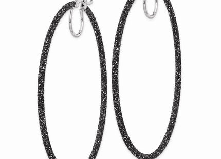 Sterling Silver Rhodium-plated Black Glitter Enamel Hoop Earrings (Style QE8568)