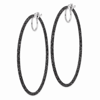 Sterling Silver Rhodium-plated Black Glitter Enamel Hoop Earrings, 55 x 2mm
