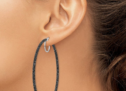 Sterling Silver Rhodium-plated Black Glitter Enamel Hoop Earrings (Style QE8568)
