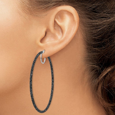 Sterling Silver Rhodium-plated Black Glitter Enamel Hoop Earrings, 55 x 2mm
