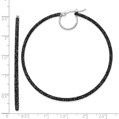 Sterling Silver Rhodium-plated Black Glitter Enamel Hoop Earrings, 55 x 2mm