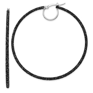 Sterling Silver Rhodium-plated Black Glitter Enamel Hoop Earrings (Style QE8568)