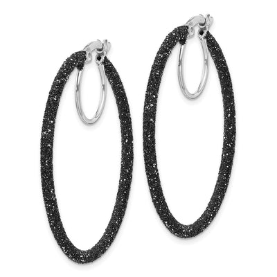 Sterling Silver Rhodium-plated Black Glitter Enamel Hoop Earrings, 35 x 2mm