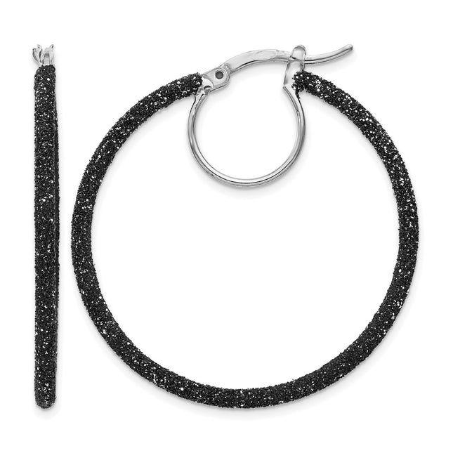 Sterling Silver Rhodium-plated Black Glitter Enamel Hoop Earrings, 35 x 2mm