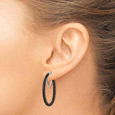 Sterling Silver Rhodium-plated Black Glitter Enamel Hoop Earrings, 30 x 2mm