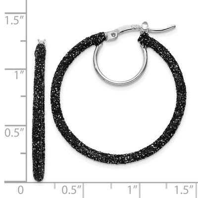 Sterling Silver Rhodium-plated Black Glitter Enamel Hoop Earrings, 30 x 2mm