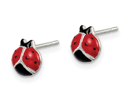 Sterling Silver Polished Red/Black Enameled Ladybug Post Earrings (Style QE8642)
